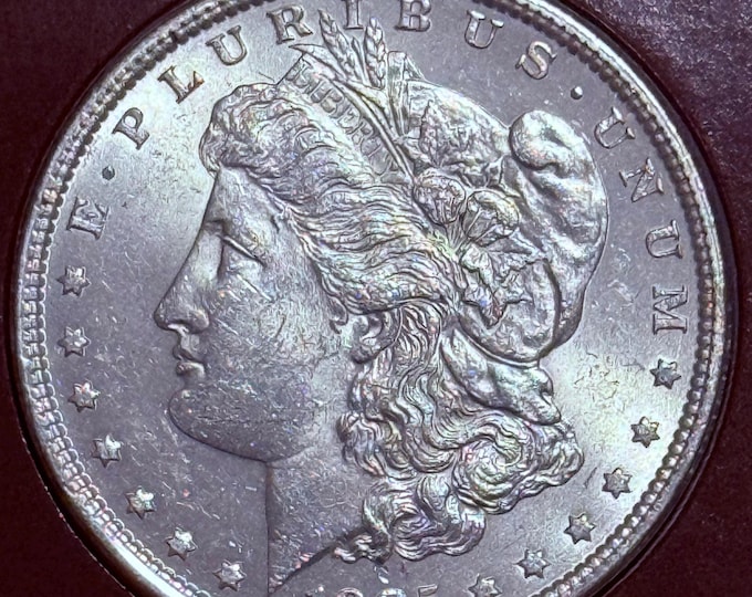 1885 P Morgan Silver Dollar • 90% Silver Uncirculated Coin BU • Philadelphia Mint • Cattle Rancher Charles Goodnight Display + Vintage Stamp