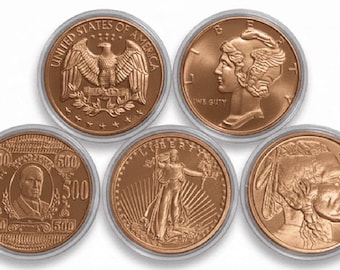 SET OF 5 • 1 oz Pure Copper Rounds in Capsules (.999 Fine) • Mixed Designs