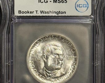 1946 P Booker T Washington Commemorative Silver Half Dollar • 90% Fine Silver Bright White Coin • Philadelphia Mint • Graded ICG MS65