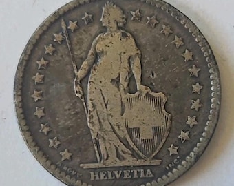 1875 B Switzerland 2 Francs Helvetia Foreign Silver Coin • 83.5% Pure Silver (.835 Fine) • Better Date • Ungraded VG/F Condition