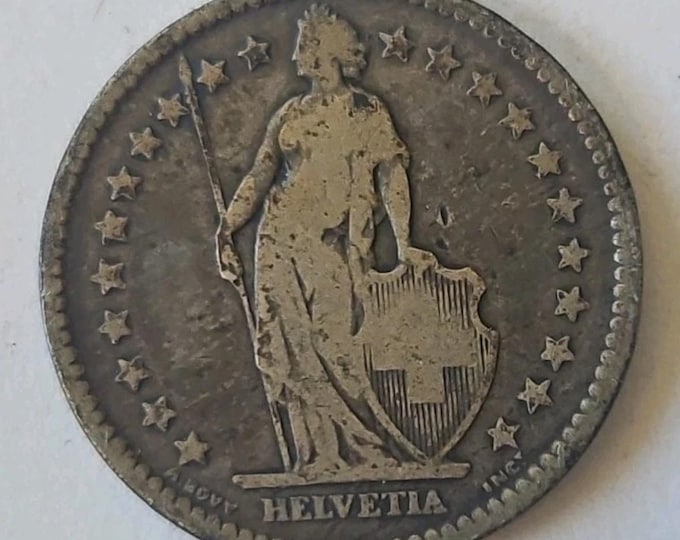 1875 B Switzerland 2 Francs Helvetia Foreign Silver Coin • 83.5% Pure Silver (.835 Fine) • Better Date • Ungraded VG/F Condition