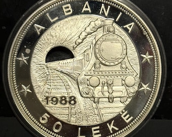 1988 Albania 50 Leke, 5.4oz Sterling Silver Coin (.925 Fine Silver) • Albanian Railroad Commemorative World Coin • 168.15 Grams