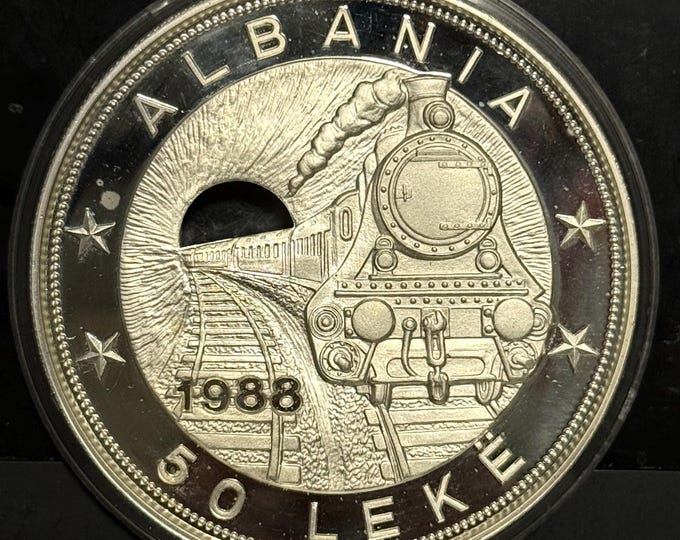 1988 Albania 50 Leke • Albanian Railroad Commemorative World Coin • 168.15 Grams Sterling Silver • 5 Troy Ounces Actual Silver Weight