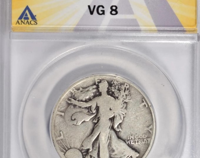 1921 D Walking Liberty Half Dollar 50c • KEY DATE •  Denver Mint • 90% Silver Type Coin (.90 Fine) • Graded Very Good ANACS V8