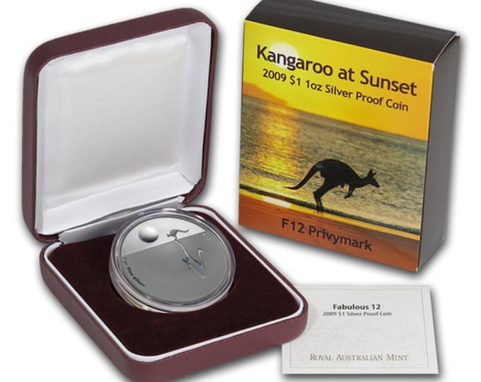 2009 Australia 1 Dollar • Kangaroo at Sunset F12 Privy (Fabulous 12) • 1 oz Pure Silver Proof Coin (.999 Fine) • Limited Mintage #1524/4000