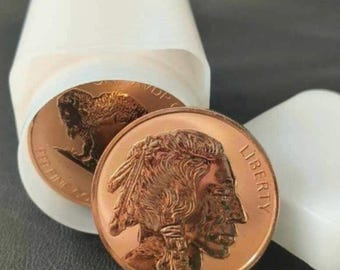 LOT OF 20 • 1 oz Fine Copper Indian Head Buffalo Nickel Restrike, 99.9% Pure • Reverse Proof Rounds in Storage Roll Tube