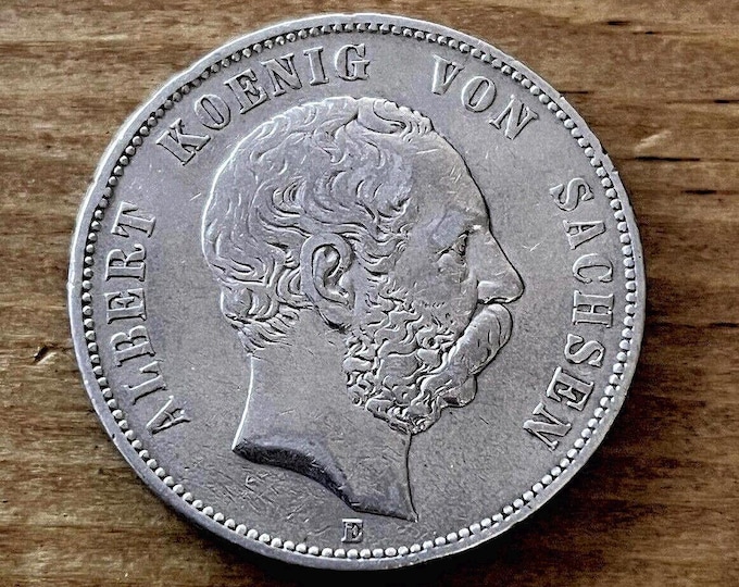 1876 E Germany 5 Mark, Prussia King Albert of Saxony, 90% Pure Silver (.90 Fine) German World Coin, HIGH GRADE Gem Uncirculated, Low Mintage