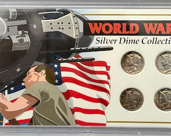 SET OF 4 World War 2 Silver Mercury Dime Collection • 1942 S, 1943 P, 1944 P, 1945 P in Vintage Display Holder