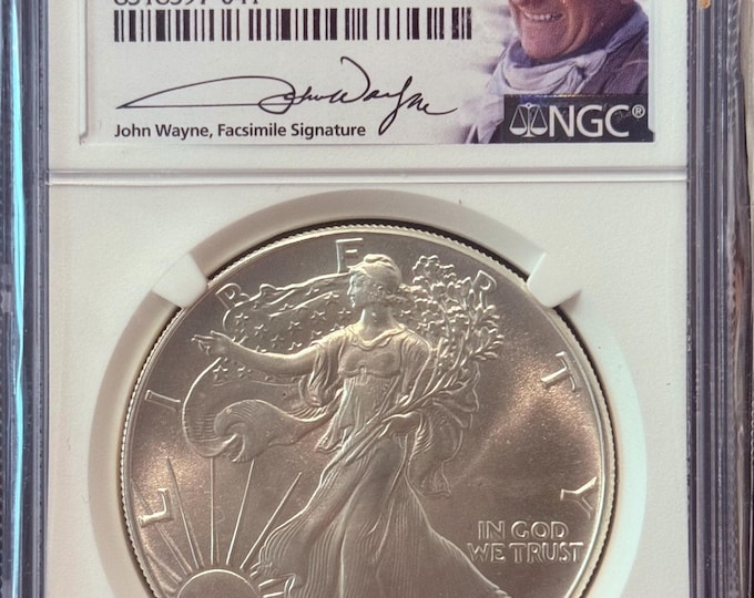 1986 American Silver Eagle • First Year Philadelphia Mint • RARE US Mint Sealed Box, Early Production, John Wayne Signed Label • NGC MS69