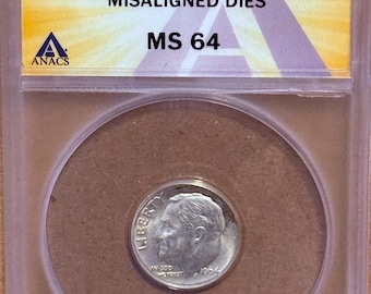 1964 D Roosevelt Dime 10c • Mint Error, Misaligned Dies (MAD) • Graded ANACS MS64