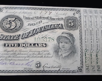 Vintage 5 Dollar Baby Bonds • State of Louisiana • Obsolete US Currency • Green Serial  • Payable 1884 1885 1886 • Excellent, Mint Condition
