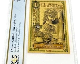 2022 Nevada 1 GOLDBACK • 1/1000 oz Fine Gold (99.9% Pure) • Fractional Gold Currency • Graded Supreme Gem Uncirculated, PCGS Banknote 70 PPQ