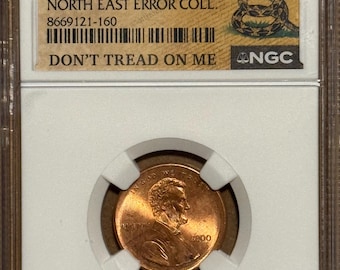 2000 P Lincoln Memorial Penny • MINT ERROR, Broadstruck • North East Error Collection Label • Graded NGC Brilliant Uncirculated