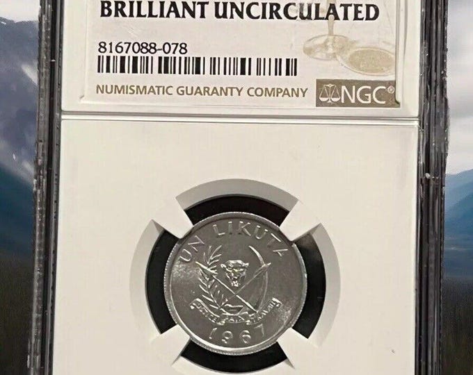 1967 Republic of Congo DR One Un Likuta, Graded NGC Genuine, Brilliant Uncirculated BU World Foreign Coin, Certified Coin in Slab