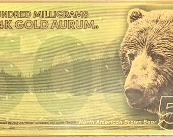 500mg Pure Gold Aurum Note (.999 Fine, 24K) • 2022 American Animals Series: North American Brown Bear
