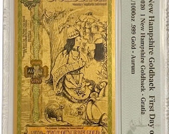 2020 New Hampshire Pre-Alpha 1 GOLDBACK • First Year of Issue • 1/1000oz Fine Gold Note, 24K • Graded PMG 70 First Day of Issue