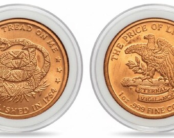 SET OF 2 Don’t Tread on Me Rattlesnake Coil Patriotic Copper Rounds • 1 oz Pure Copper (.999 Fine) in Air-Tite Capsules
