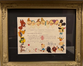 1945 WW2 Walt Disney War Bond • United States Treasury War Finance Committee Certificate • Excellent Condition in Vintage Frame
