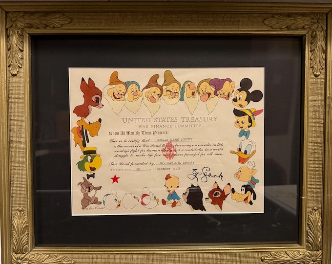 1945 WW2 Walt Disney War Bond • United States Treasury War Finance Committee Certificate • Excellent Condition in Vintage Frame