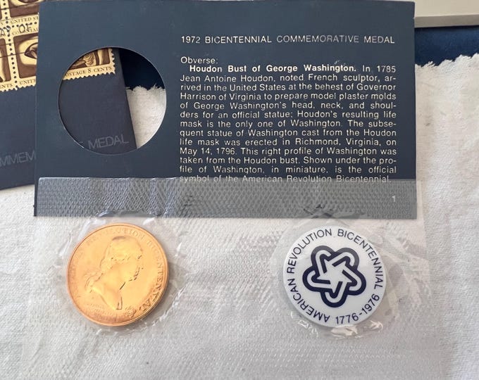1972 American Revolution Bicentennial George Washington Bronze Medal • Original Treasury Envolope + Colonial Era Postage Stamps, First Day