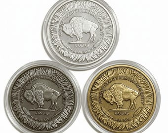 3 MEDAL SET • 2005 Kansas City ANA National Money Show Buffalo Rounds • 1 oz Pure Silver (.999 Fine) + 1 oz Solid Bronze + 1 oz Solid Brass