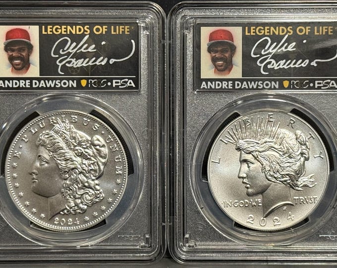 2 Coin Set • 2024 Morgan Dollar + Peace Dollar • First Strike Chicago Cubs Andre Dawson Signed PSA Label • Graded PCGS MS70