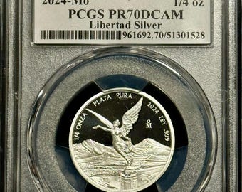 2024 Mexico Libertad 1/4 Onza Proof Coin • 1/4 oz Pure Silver (.999 Fine) • First Day of Issue Flag Label • Graded PCGS PR70 Deep Cameo