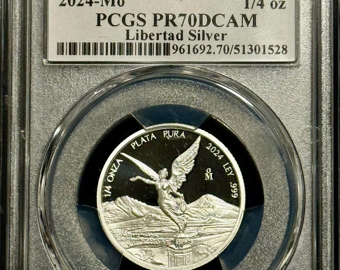 2024 Mexico Libertad 1/4 Onza Proof Coin • 1/4 oz Pure Silver (.999 Fine) • First Day of Issue Flag Label • Graded PCGS PR70 Deep Cameo