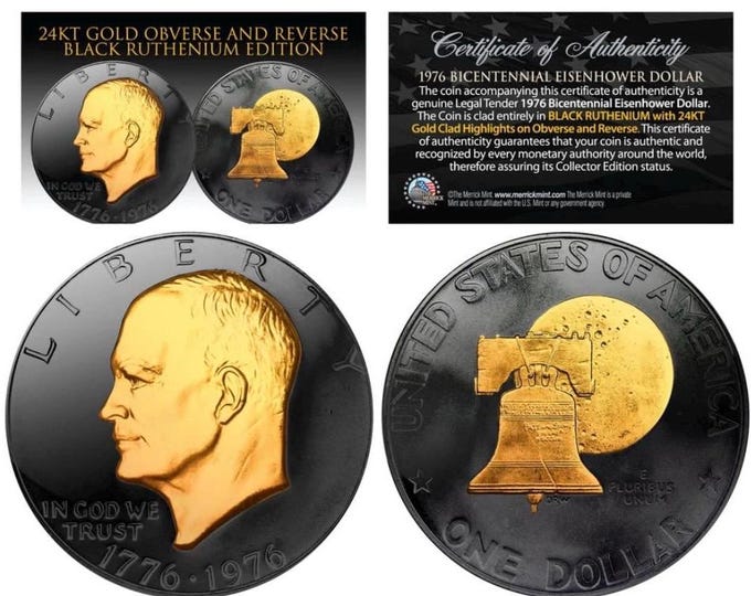1976 Bicentennial Eisenhower IKE Dollar • 24k Gold & Black Ruthenium Clad Edition • In Capsule with Display Stand + COA