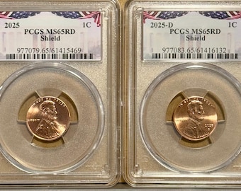 2025 P & D Lincoln Cent Shield Penny Set • American Flag Label • Last Year of Production • Graded PCGS MS65 RD (Red)