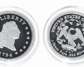 SET OF 2 Flowing Hair Dollar (1794) Silver Rounds, 15mm • 1 Gram Pure Silver (.999 Fine) in Premium Capsule