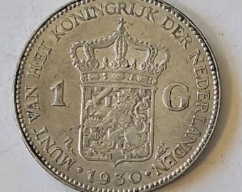 1930 Netherlands 1 Gulden Foreign Silver Coin • 72% Pure Silver (.72 Fine) • Ungraded VF+ Condition