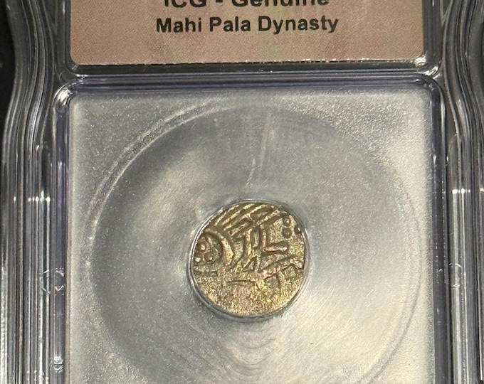 13th Century Medieval Period Silver Billon Coin • Mahi Pala Dynasty Bull & Horseman Jital • Graded ICG Genuine
