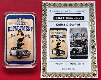 Vintage Style Police Officer Colorized Silver Art Bar, Cuffed & Stuffed • To Protect and Serve Design • 1 oz Fine Silver in Capsule + COA