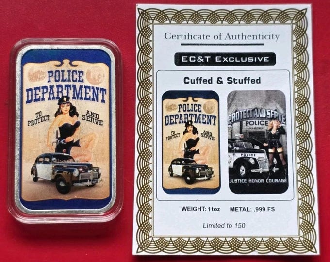 Vintage Style Police Officer Colorized Silver Art Bar, Cuffed & Stuffed • To Protect and Serve Design • 1 oz Fine Silver in Capsule + COA