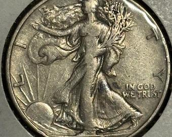 1938 D Walking Liberty Half Dollar 50c • KEY DATE • Denver Mint • 90% Pure Silver Type Coin • Ungraded XF+