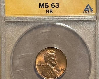 1944 D Lincoln Wheat Penny Cent, DDO Mint Error • Doubled Die Obverse, Die Type 1 • Graded ANACS MS63 RB (Red Brown)