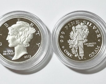 SET OF 2 Mercury Dime Miniature Tribute Round, 15mm • 1 Gram Fine Silver (99.9% Pure) in Premium Capsule