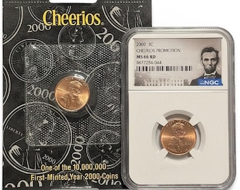 2000 P Cheerios Cent Lincoln Penny Set • Original Promotional Penny with COA + Graded NGC MS66 RD (Red)