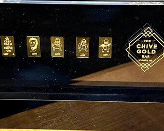 SET OF 5, The Chive Gold Bars in Display Holder • 1/100 oz Pure Gold Each Bar (.9999 Fine) • KCCO Keep Calm, Chris Farley & Bill Murray