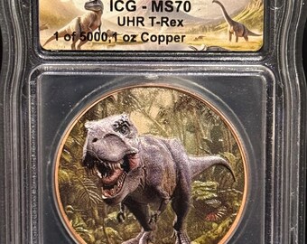 Jurassic Park T-Rex Dinosaur 3D Ultra High Relief Coin • 1 oz Pure Copper Colorized Round (.999 Fine) • ICG MS70 • Limited Mintage of 5000