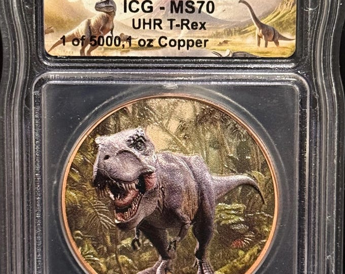 Jurassic Park T-Rex Dinosaur 3D Ultra High Relief Coin • 1 oz Pure Copper Colorized Round (.999 Fine) • ICG MS70 • Limited Mintage of 5000