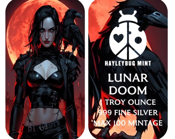 Hayleybug Mint Lunar Doom • 1 oz Fine Silver (99.9% Pure) • Sexy Black Bird Colorized Silver Art Bar in Capsule COA • Limited Mintage of 100