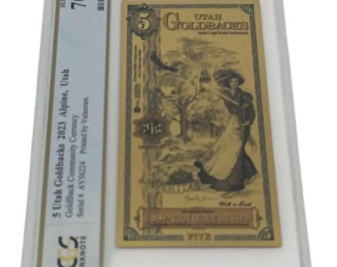 2023 Utah 5 GOLDBACKS • 1/200 oz Fine Gold • 99.9% Pure Fractional Gold Currency 24K • Graded Supreme Gem Uncirculated, PCGS Banknote 70 PPQ