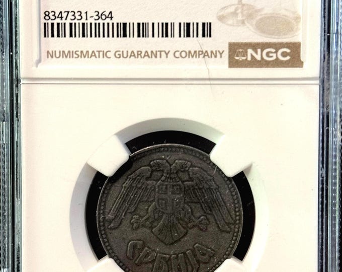 1943 BN Serbia 10 Dinars • World War 2 Coin • Issued During German Occupation of Serbia • Minted in Budapest, Hungary • Graded NGC Genuine