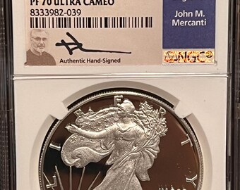 2025 W American Silver Eagle Proof, FDOI First Day of Issue, Mercanti Hand Signed Legacy Series Signature, PF70 Ultra Cameo, RARE Pop of 40