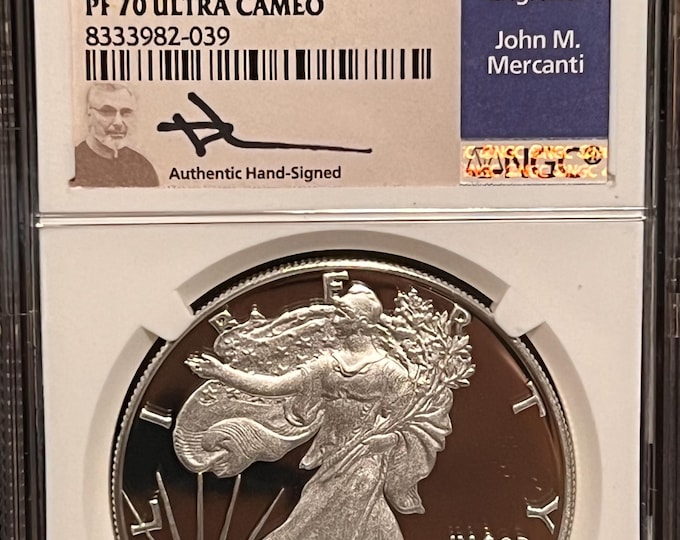 2025 W American Silver Eagle Proof, FDOI First Day of Issue, Mercanti Hand Signed Legacy Series Signature, PF70 Ultra Cameo, RARE Pop of 40