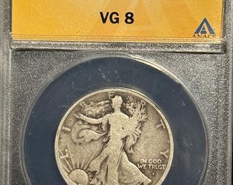 1917 S Obverse Walking Liberty Half Dollar 50c • KEY DATE • San Francisco Mint • 90% Silver Type Coin • Graded ANACS VG8