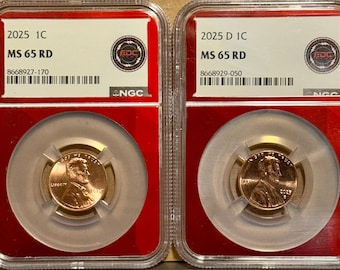 2025 P & D Lincoln Cent Shield Penny Set • Last Year of Production • Red Core EDC Label • Graded NGC MS65 RD (Red)