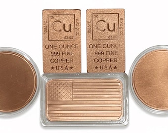 SET OF 5 • 1 oz Pure Copper Bars & Rounds (.999 Fine) • 1 American Flag + 2 Element Bars + 2 Blank Rounds